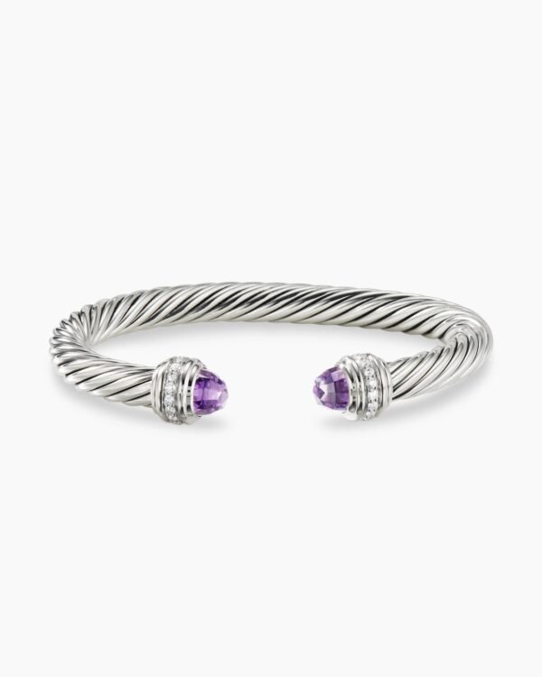 Classic Cable Bracelet Sterling Silver with Amethyst and Diamonds, 7mm