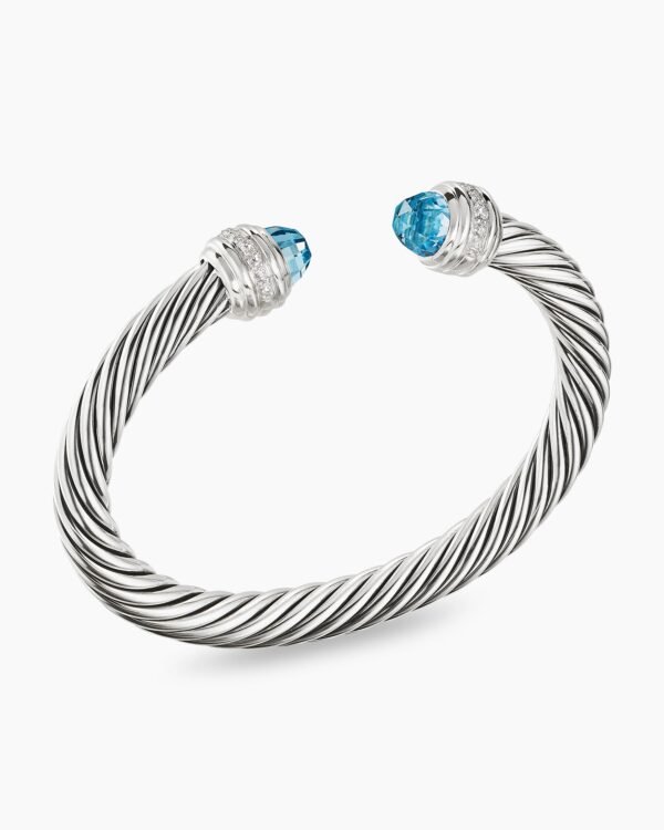 Classic Cable Bracelet Sterling Silver with Blue Topaz and Diamonds, 7mm