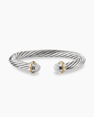 Classic Cable Bracelet Sterling Silver with 18K Yellow Gold and Pave Diamond Domes, 7mm