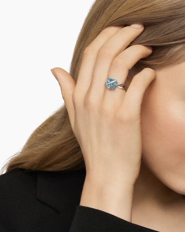 Cable Wrap Ring Sterling Silver with Blue Topaz and Diamonds - 6