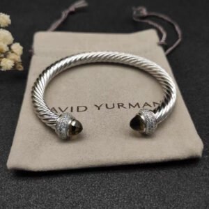 Cable Bracelet Sterling Silver with Brown Crystal and Diamonds, 7mm