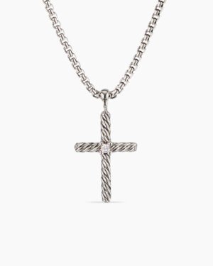D2ABEB42-A38C-F17F-7FD8-226C38D47F33.jpg Classic Cable Cross Necklace Sterling Silver with Center Diamond, 24.3mm