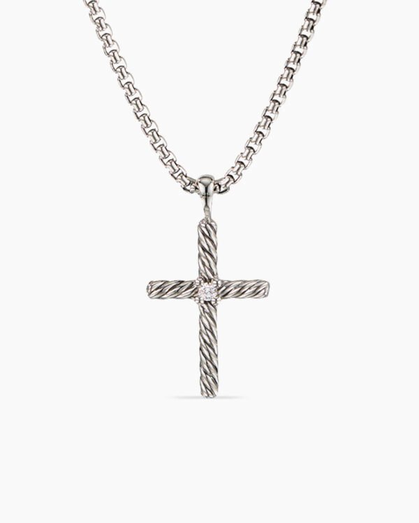 Classic Cable Cross Necklace Sterling Silver with Center Diamond, 24.3mm