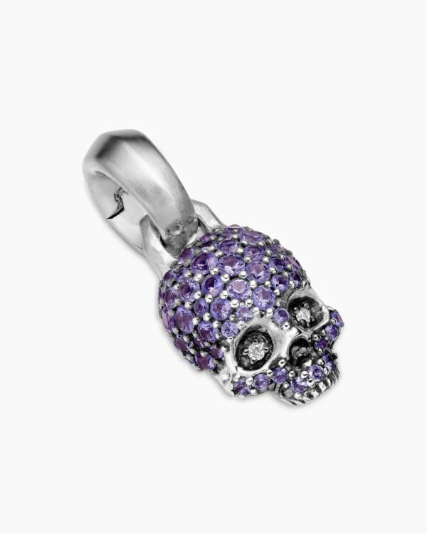 Skull Amulet Full Pav&eacute; Purple Sapphires and 18K White Gold, 14mm