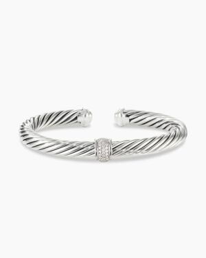 Classic Cable Station Bracelet Sterling Silver with Pave Diamonds, 7mm