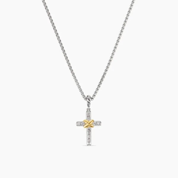 Petite X Cross Necklace Sterling Silver with 14K Yellow Gold