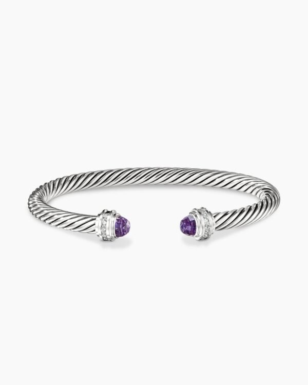 Classic Cable Bracelet Sterling Silver with Amethyst and Diamonds, 5mm