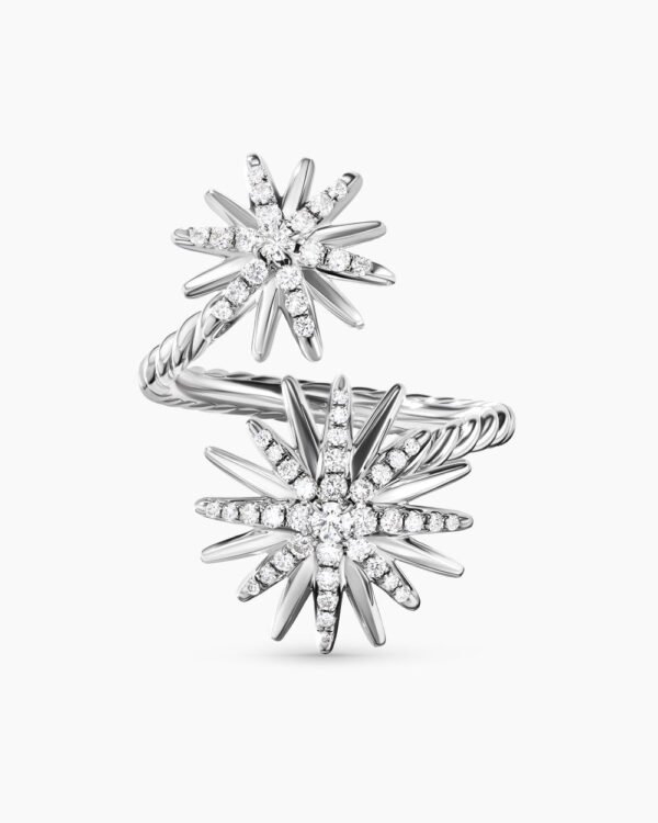 Starburst Bypass Ring Sterling Silver with Diamonds, 27.5mm