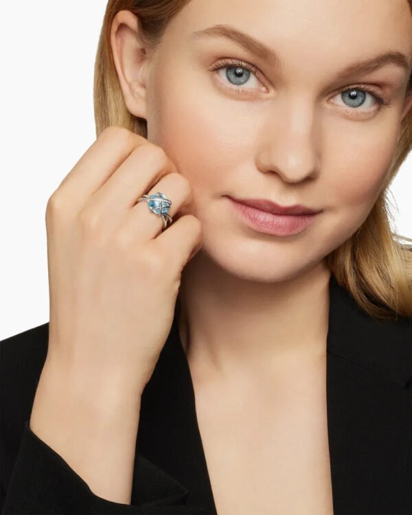 Cable Wrap Ring Sterling Silver with Blue Topaz and Diamonds - 6