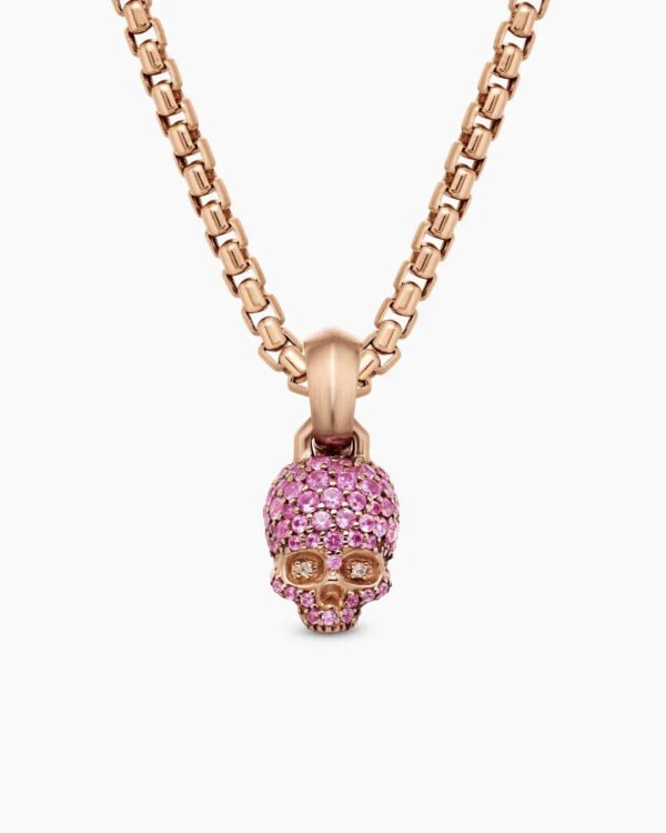 Skull Amulet Full Pav&eacute; Pink Sapphires and 18K Rose Gold, 14mm