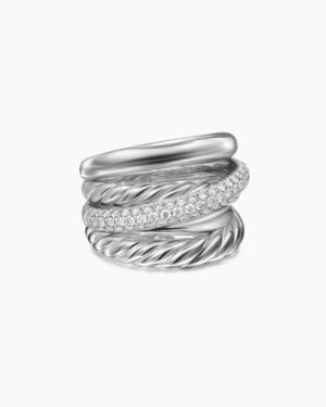 Crossover Five Row Ring Sterling Silver with Diamonds, 17.5mm - 6