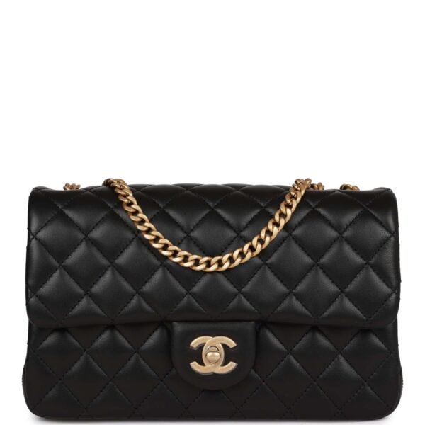 Medium Camellia Crush Flap Bag Black Lambskin Antique Gold Hardware