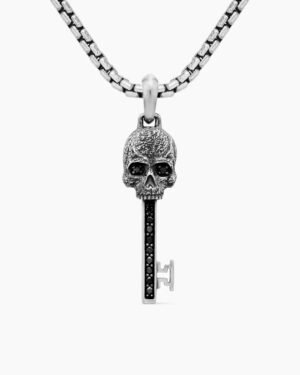 Memento Mori Skull Key Amulet Sterling Silver with Black Diamonds,