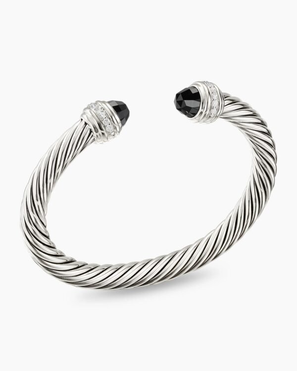 Classic Cable Bracelet Sterling Silver with Black Onyx and Diamonds, 7mm