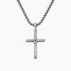 Classic Cable Cross Necklace Sterling Silver with Center Diamond