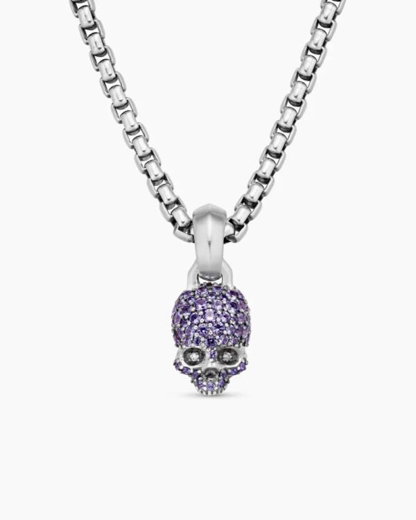 Skull Amulet Full Pav&eacute; Purple Sapphires and 18K White Gold, 14mm