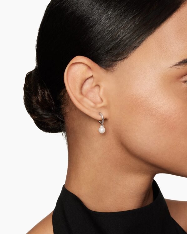 Pearl and Pav&eacute; Solari Drop Earrings Sterling Silver with Pearls and Diamonds, 18.4mm