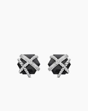 Cable Wrap Stud Earrings Sterling Silver with Black Onyx and Diamonds, 11mm