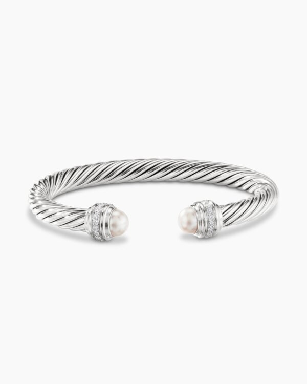 Classic Cable Bracelet Sterling Silver with Pearls and Diamonds, 7mm