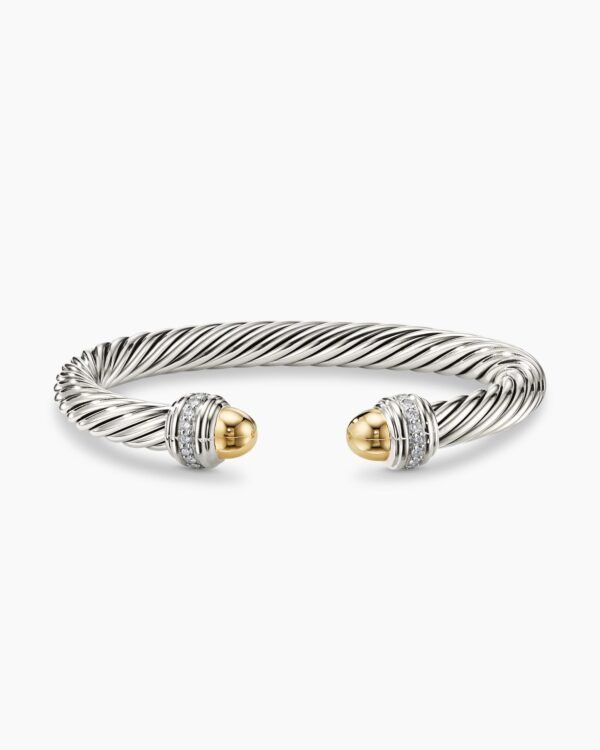 Classic Cable Bracelet Sterling Silver with 14K Yellow Gold Domes and Diamonds, 7mm