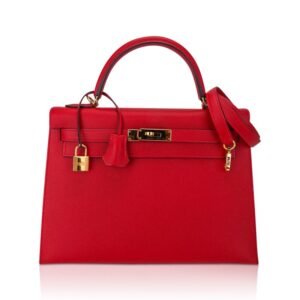 Kelly 28 Sellier Bag Rouge Casaque Epsom Leather with Gold Hardware